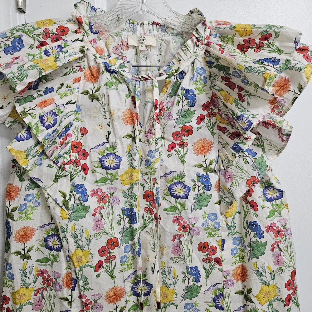 Entro Top Womens M White Floral Ruffle Cap Sleeve Cotton Blouse Boho Cottagecore - Picture 6 of 10